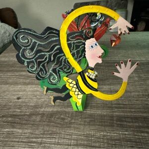 Hand painted Rossi signed metal Bee fairy  flower pot, votive, napkin holder